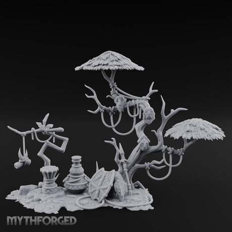 Face-Gnarled Rope-Beaded Tribal Spirit Tree Scene Miniature for Dungeons and Dragons, Pathfinder or other TTRPGs