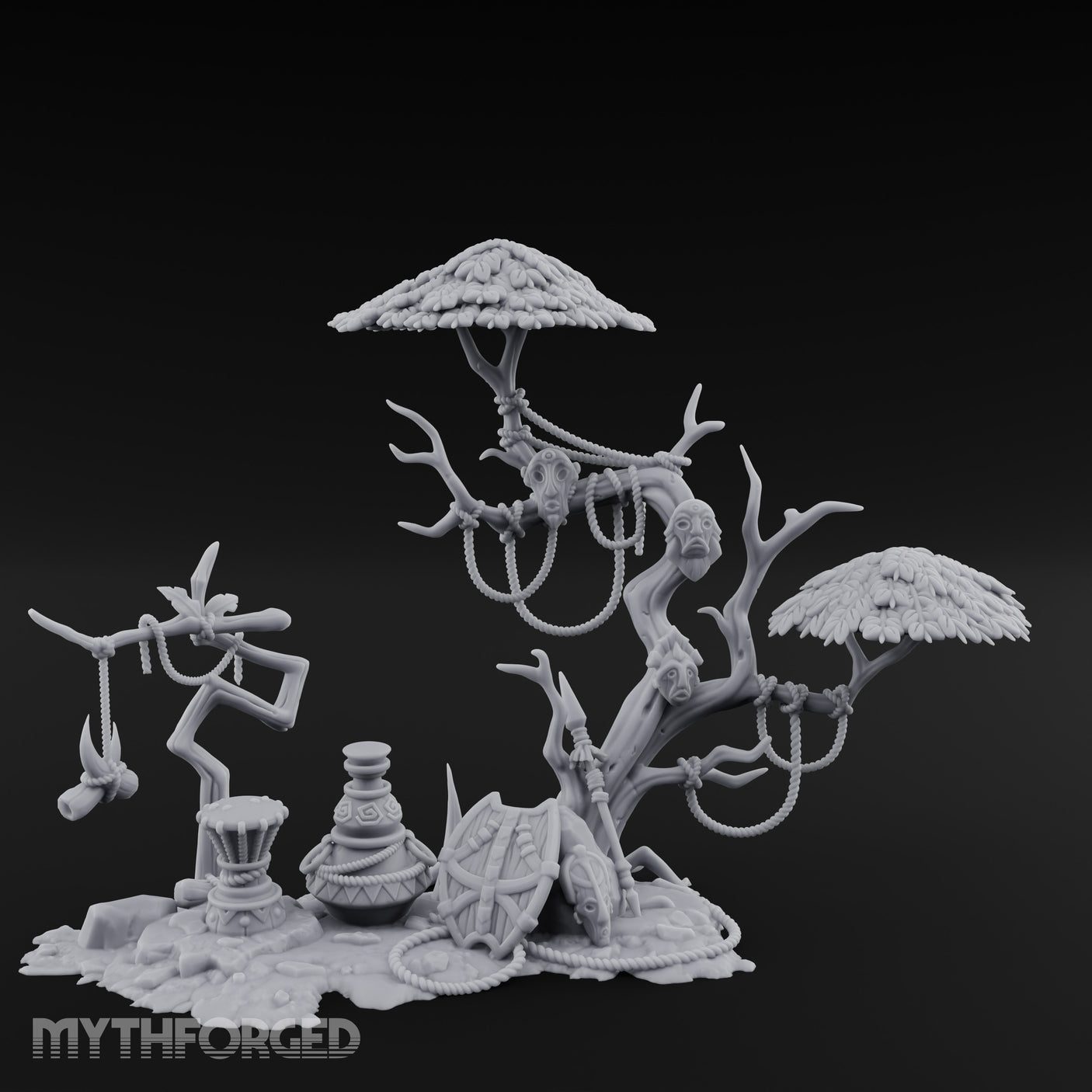 Face-Gnarled Rope-Beaded Tribal Spirit Tree Scene Miniature for Dungeons and Dragons, Pathfinder or other TTRPGs