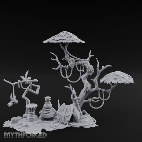 Face-Gnarled Rope-Beaded Tribal Spirit Tree Scene Miniature for Dungeons and Dragons, Pathfinder or other TTRPGs