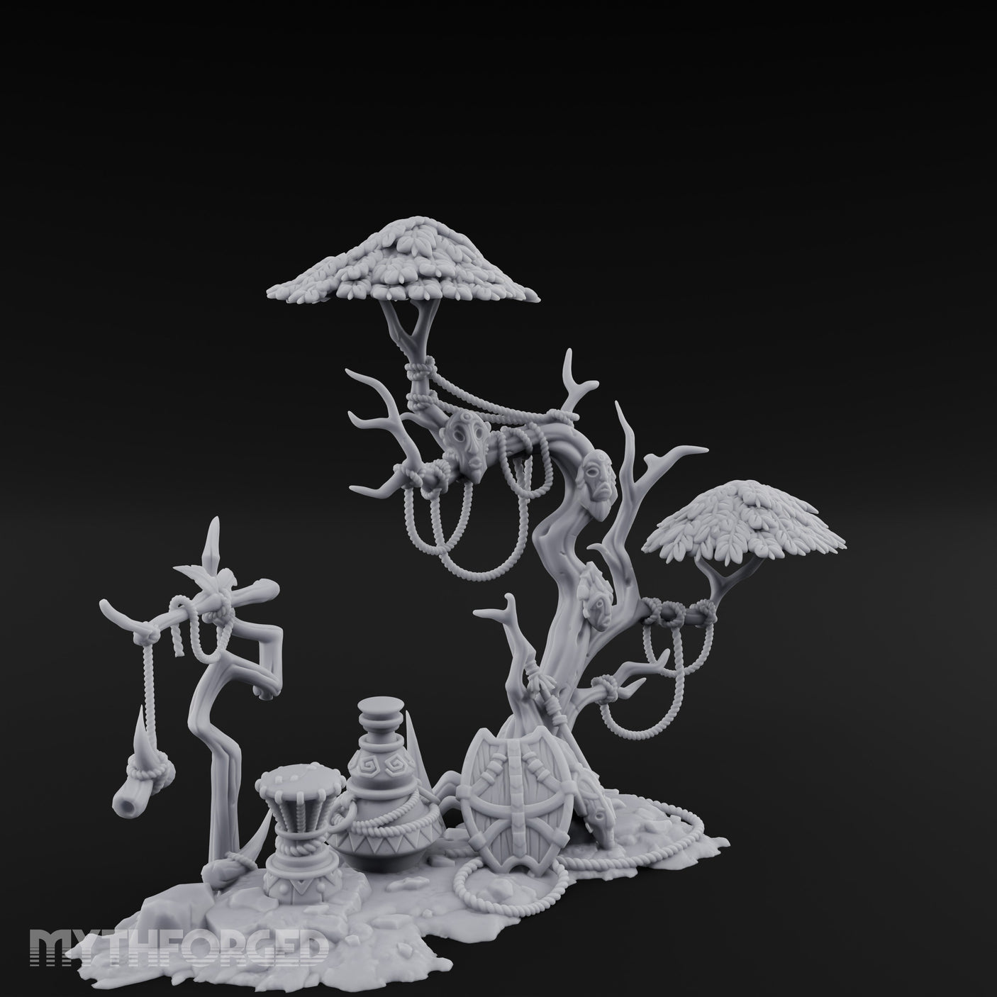 Face-Gnarled Rope-Beaded Tribal Spirit Tree Scene Miniature for Dungeons and Dragons, Pathfinder or other TTRPGs