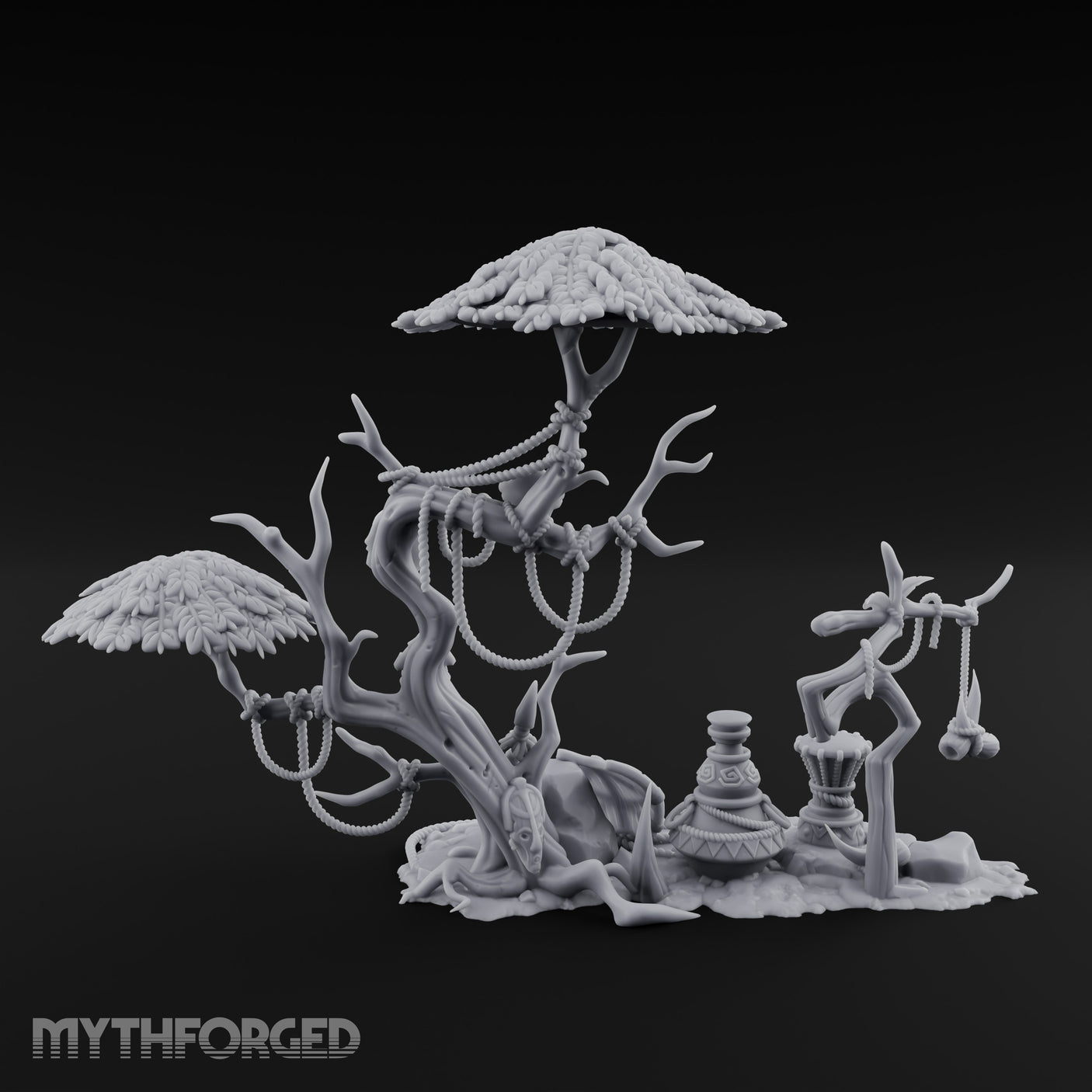 Face-Gnarled Rope-Beaded Tribal Spirit Tree Scene Miniature for Dungeons and Dragons, Pathfinder or other TTRPGs