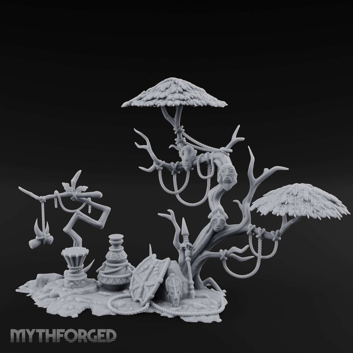 Face-Gnarled Rope-Beaded Tribal Spirit Tree Scene Miniature for Dungeons and Dragons, Pathfinder or other TTRPGs