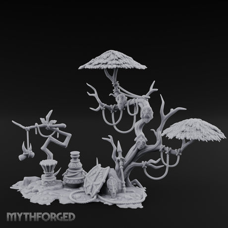 Face-Gnarled Rope-Beaded Tribal Spirit Tree Scene Miniature for Dungeons and Dragons, Pathfinder or other TTRPGs
