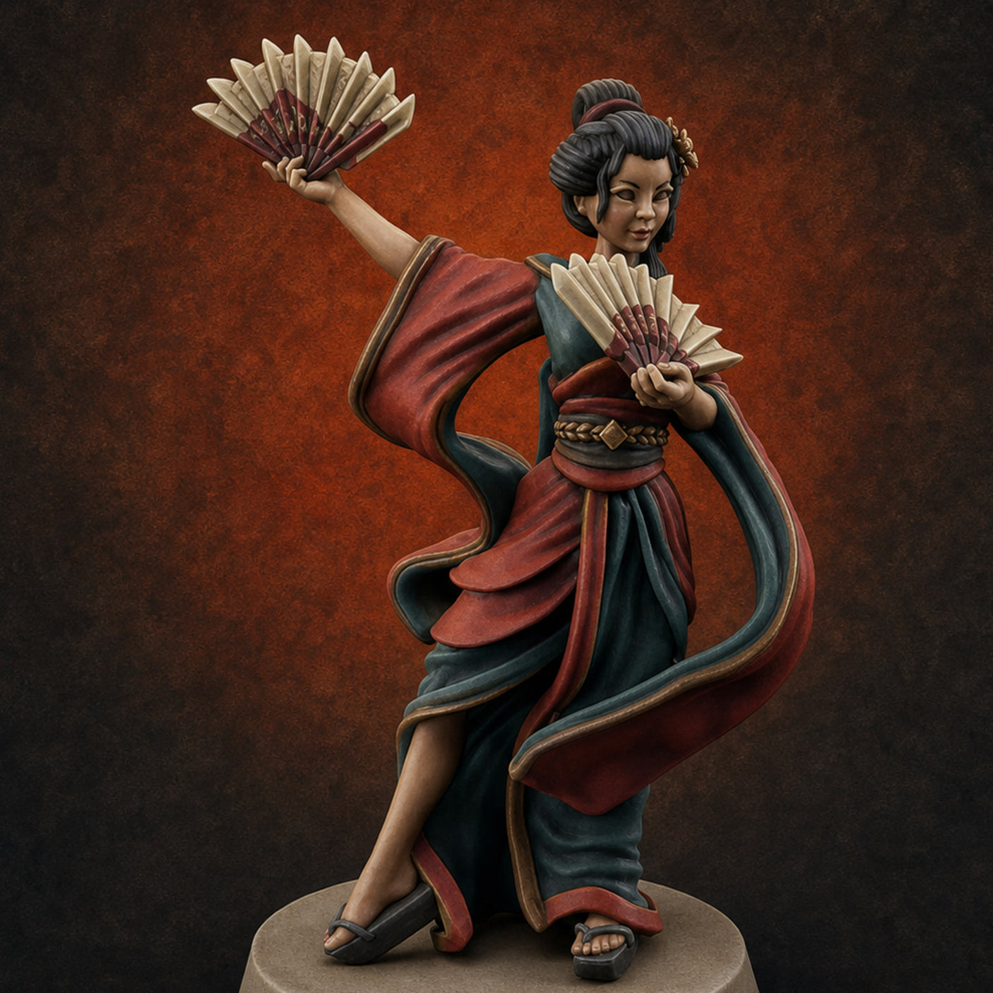 Fan Dancing Human Geisha Model C — painted concept preview (miniature supplied unpainted)