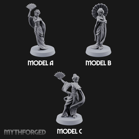 Fan Dancing Human Geishas Miniature for Dungeons and Dragons, Pathfinder or other TTRPGs