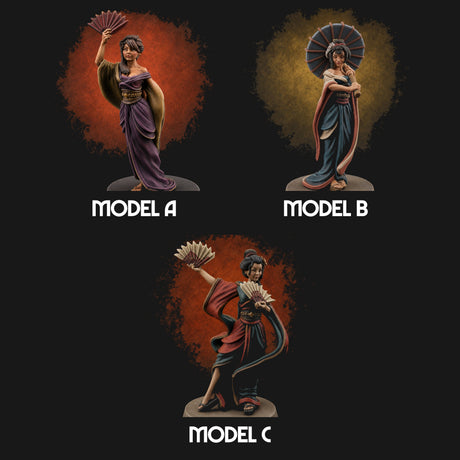 Fan Dancing Human Geishas Miniature for Dungeons and Dragons, Pathfinder or other TTRPGs