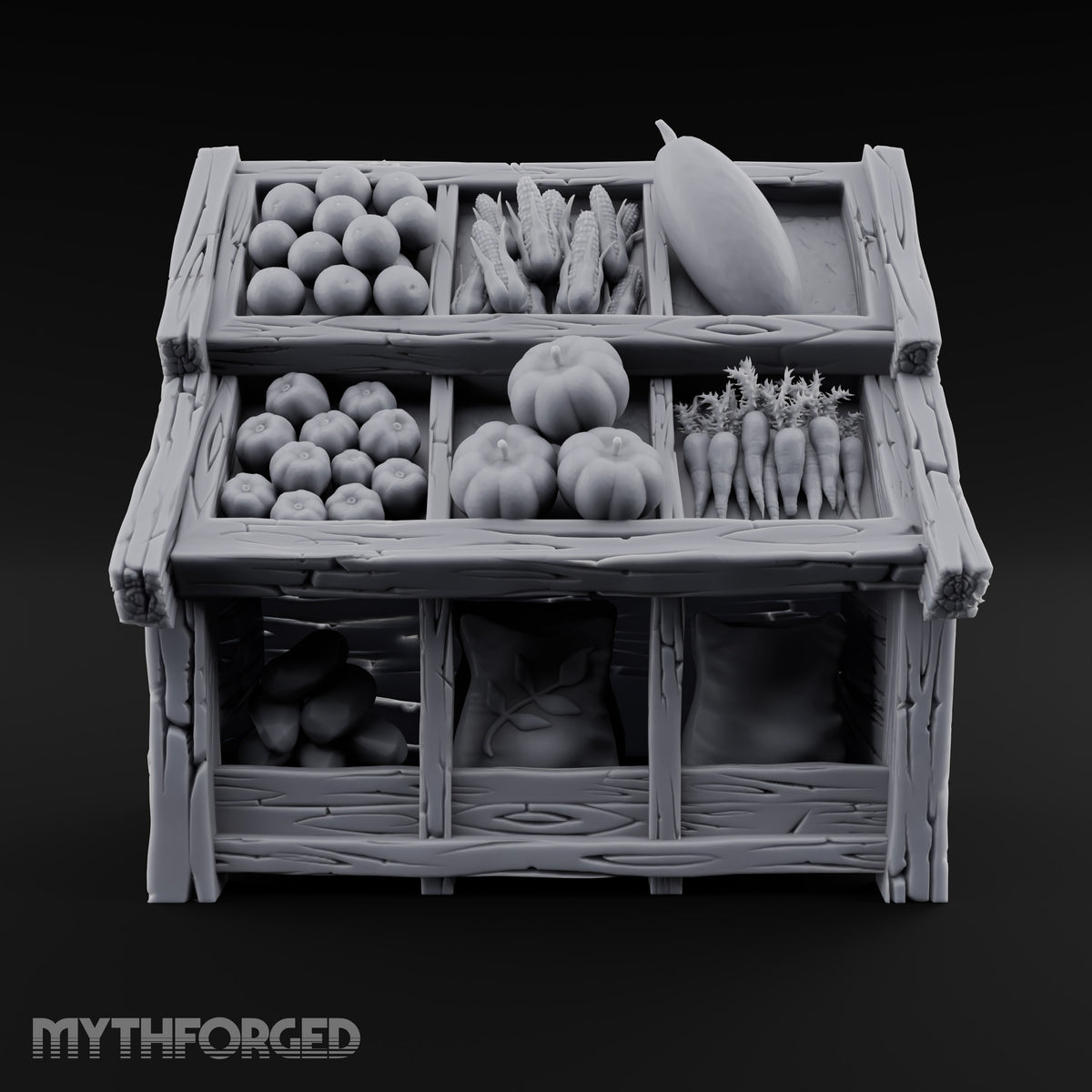 Harvest Tiers, Sack Below Wooden Produce Display Rack