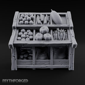 Harvest Tiers, Sack Below Wooden Produce Display Rack