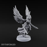 Dawn Lands Running Aasimar Female Paladin with Spear and Feathered Wings — Dual Swords
