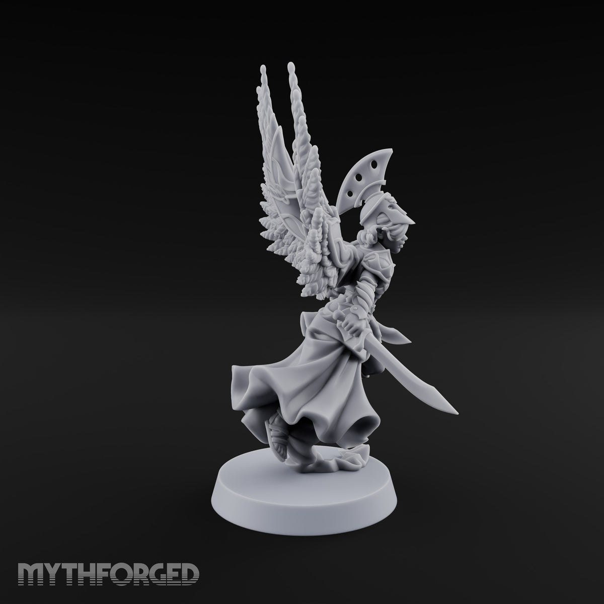 Dawn Lands Running Aasimar Female Paladin with Spear and Feathered Wings — Dual Swords
