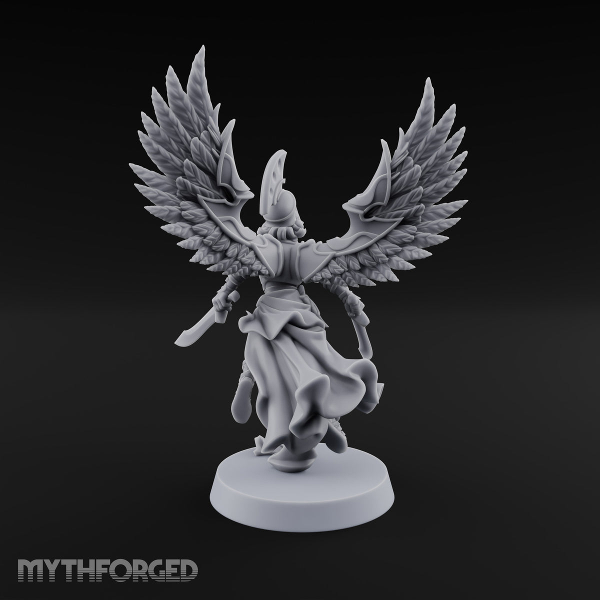 Dawn Lands Running Aasimar Female Paladin with Spear and Feathered Wings — Dual Swords