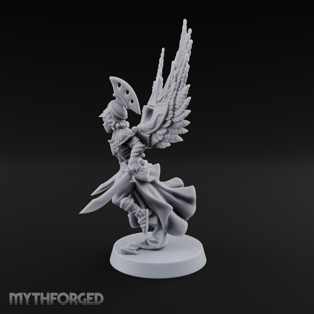 Dawn Lands Running Aasimar Female Paladin with Spear and Feathered Wings — Dual Swords