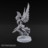 Dawn Lands Running Aasimar Female Paladin with Spear and Feathered Wings — Dual Swords
