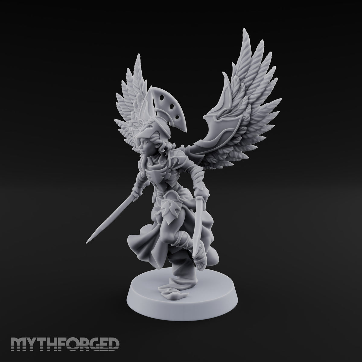 Dawn Lands Running Aasimar Female Paladin with Spear and Feathered Wings — Dual Swords