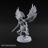 Dawn Lands Running Aasimar Female Paladin with Spear and Feathered Wings — Dual Swords