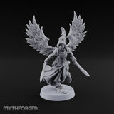 Dawn Lands Running Aasimar Female Paladin with Spear and Feathered Wings — Dual Swords