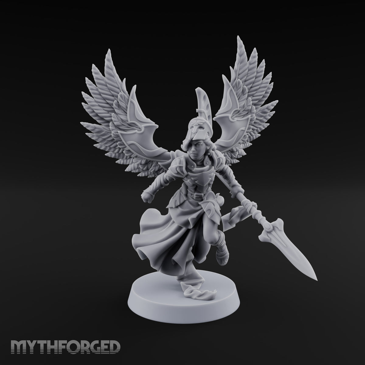 Dawn Lands Running Aasimar Female Paladin with Spear and Feathered Wings — Spear