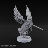 Dawn Lands Running Aasimar Female Paladin with Spear and Feathered Wings — Sword and Shield