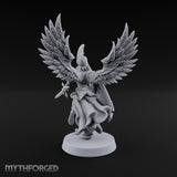 Dawn Lands Running Aasimar Female Paladin with Spear and Feathered Wings — Sword and Shield