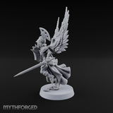 Dawn Lands Running Aasimar Female Paladin with Spear and Feathered Wings — Sword and Shield