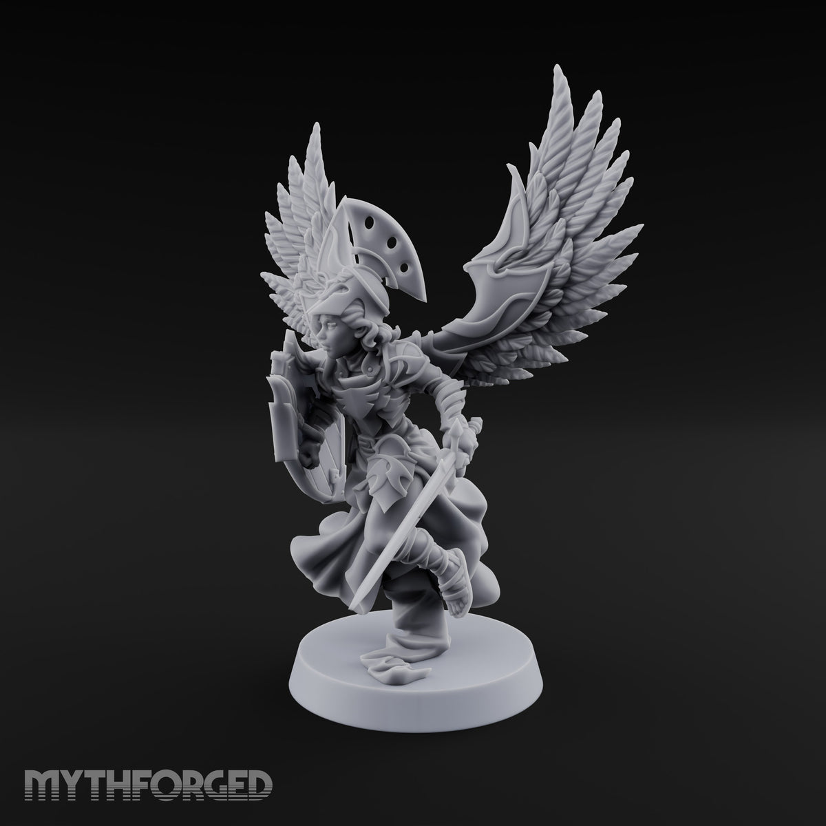 Dawn Lands Running Aasimar Female Paladin with Spear and Feathered Wings — Sword and Shield