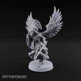 Dawn Lands Running Aasimar Female Paladin with Spear and Feathered Wings — Sword and Shield