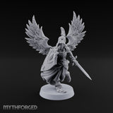 Dawn Lands Running Aasimar Female Paladin with Spear and Feathered Wings — Sword and Shield