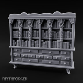 Figure-Columned Drawer-Banked Noble Library Bookcase Cabinet Miniature for Dungeons and Dragons, Pathfinder or other TTRPGs