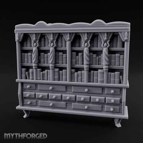 Figure-Columned Drawer-Banked Noble Library Bookcase Cabinet Miniature for Dungeons and Dragons, Pathfinder or other TTRPGs
