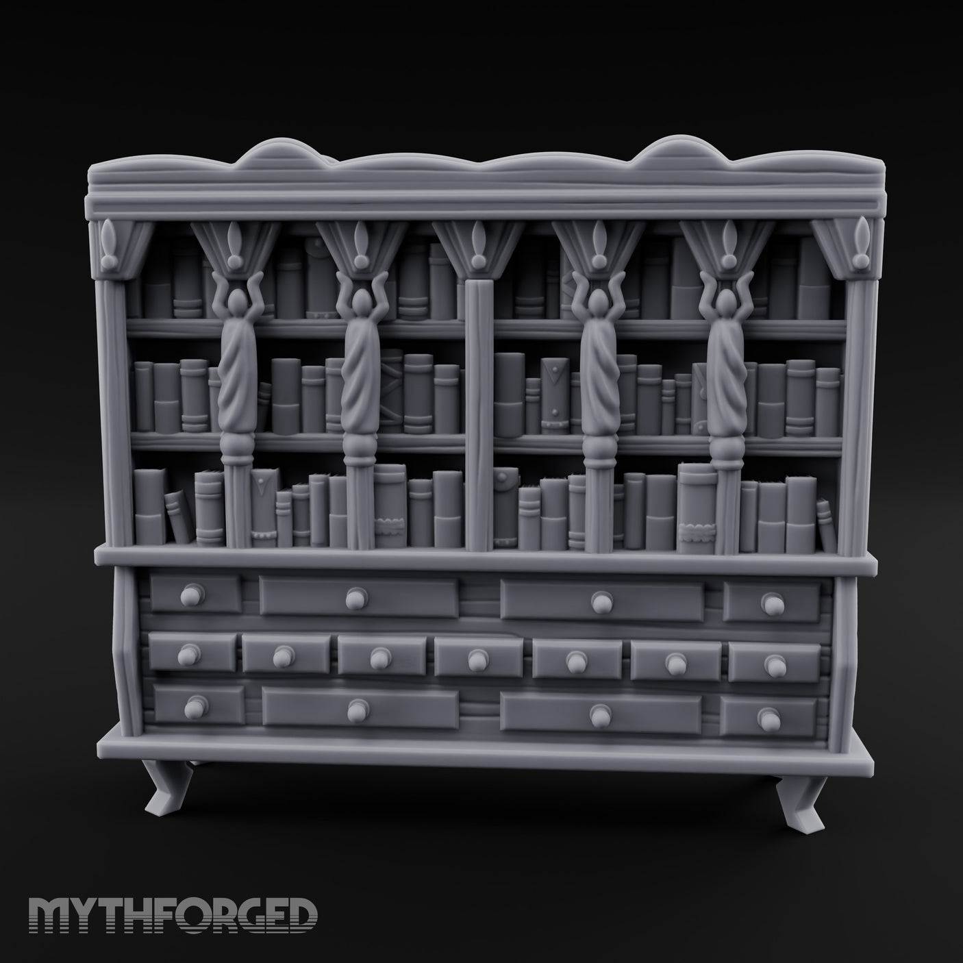 Figure-Columned Drawer-Banked Noble Library Bookcase Cabinet Miniature for Dungeons and Dragons, Pathfinder or other TTRPGs