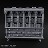 Figure-Columned Drawer-Banked Noble Library Bookcase Cabinet Miniature for Dungeons and Dragons, Pathfinder or other TTRPGs