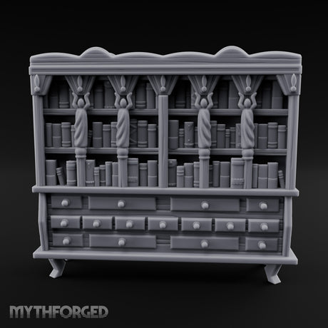 Figure-Columned Drawer-Banked Noble Library Bookcase Cabinet Miniature for Dungeons and Dragons, Pathfinder or other TTRPGs