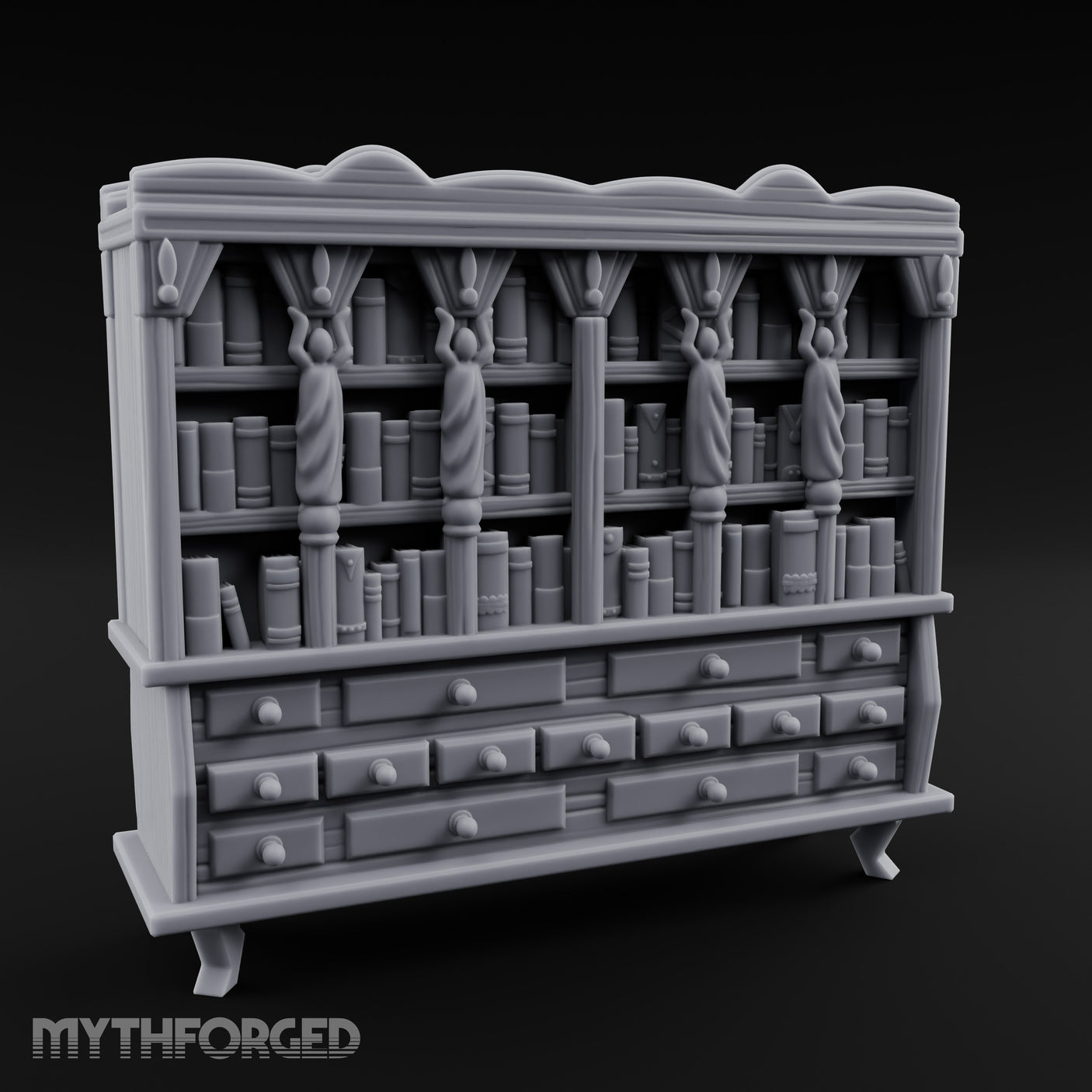 Figure-Columned Drawer-Banked Noble Library Bookcase Cabinet Miniature for Dungeons and Dragons, Pathfinder or other TTRPGs