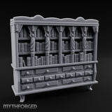 Figure-Columned Drawer-Banked Noble Library Bookcase Cabinet Miniature for Dungeons and Dragons, Pathfinder or other TTRPGs