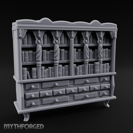 Figure-Columned Drawer-Banked Noble Library Bookcase Cabinet Miniature for Dungeons and Dragons, Pathfinder or other TTRPGs