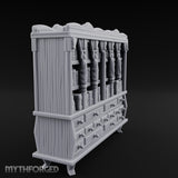 Figure-Columned Drawer-Banked Noble Library Bookcase Cabinet Miniature for Dungeons and Dragons, Pathfinder or other TTRPGs