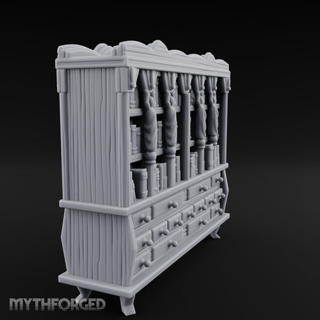 Figure-Columned Drawer-Banked Noble Library Bookcase Cabinet Miniature for Dungeons and Dragons, Pathfinder or other TTRPGs