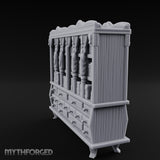 Figure-Columned Drawer-Banked Noble Library Bookcase Cabinet Miniature for Dungeons and Dragons, Pathfinder or other TTRPGs