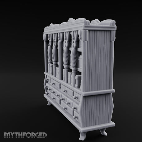 Figure-Columned Drawer-Banked Noble Library Bookcase Cabinet Miniature for Dungeons and Dragons, Pathfinder or other TTRPGs