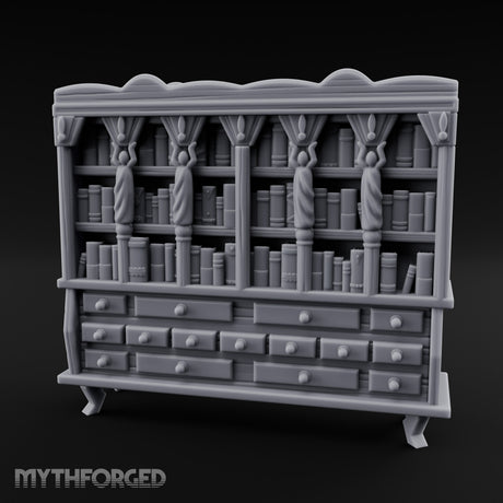 Figure-Columned Drawer-Banked Noble Library Bookcase Cabinet Miniature for Dungeons and Dragons, Pathfinder or other TTRPGs