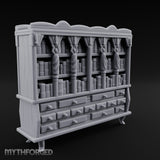 Figure-Columned Drawer-Banked Noble Library Bookcase Cabinet Miniature for Dungeons and Dragons, Pathfinder or other TTRPGs