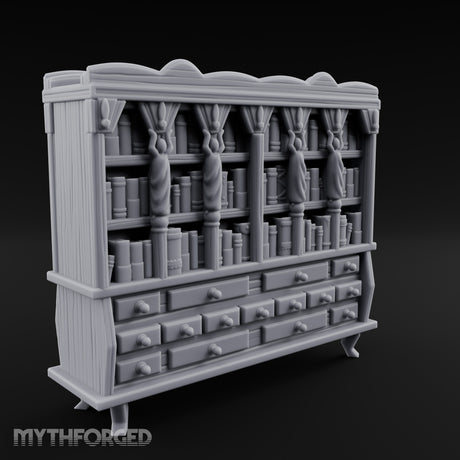 Figure-Columned Drawer-Banked Noble Library Bookcase Cabinet Miniature for Dungeons and Dragons, Pathfinder or other TTRPGs