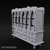 Figure-Columned Drawer-Banked Noble Library Bookcase Cabinet Miniature for Dungeons and Dragons, Pathfinder or other TTRPGs