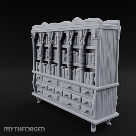 Figure-Columned Drawer-Banked Noble Library Bookcase Cabinet Miniature for Dungeons and Dragons, Pathfinder or other TTRPGs
