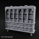 Figure-Columned Drawer-Banked Noble Library Bookcase Cabinet Miniature for Dungeons and Dragons, Pathfinder or other TTRPGs