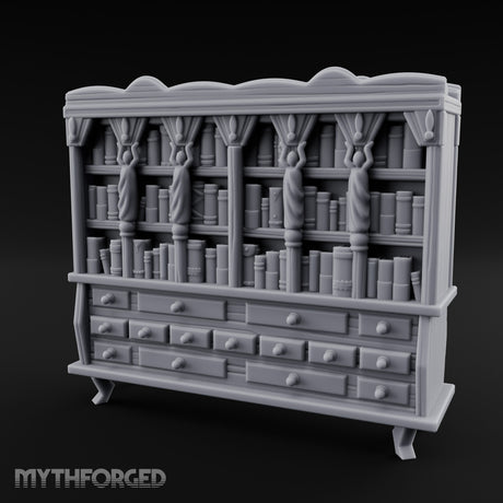 Figure-Columned Drawer-Banked Noble Library Bookcase Cabinet Miniature for Dungeons and Dragons, Pathfinder or other TTRPGs