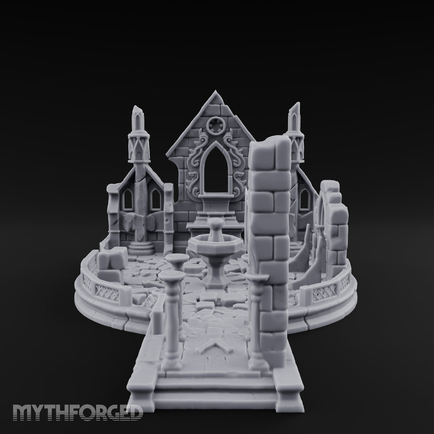 Filigree-Windowed Courtyard-Centered Gothic Chapel Courtyard Ruins Miniature for Dungeons and Dragons, Pathfinder or other TTRPGs