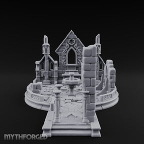 Filigree-Windowed Courtyard-Centered Gothic Chapel Courtyard Ruins Miniature for Dungeons and Dragons, Pathfinder or other TTRPGs
