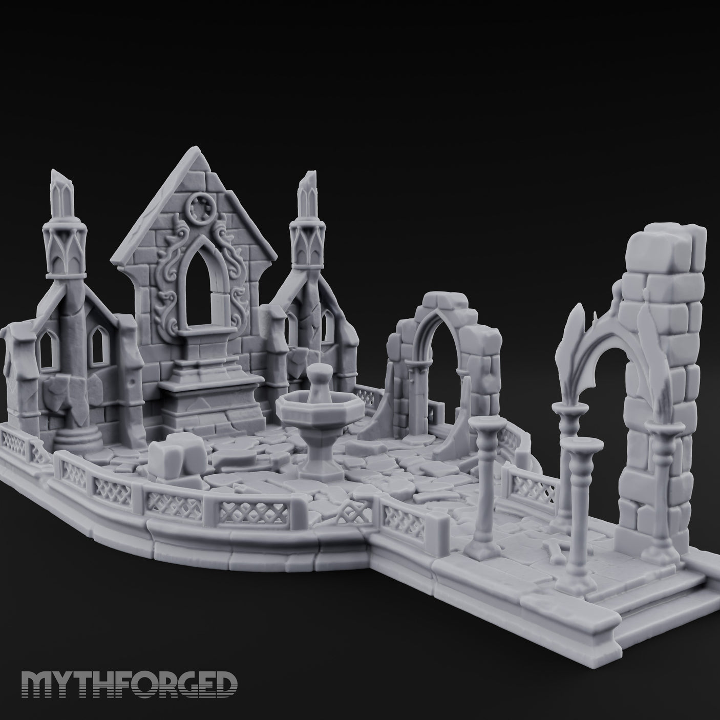 Filigree-Windowed Courtyard-Centered Gothic Chapel Courtyard Ruins Miniature for Dungeons and Dragons, Pathfinder or other TTRPGs