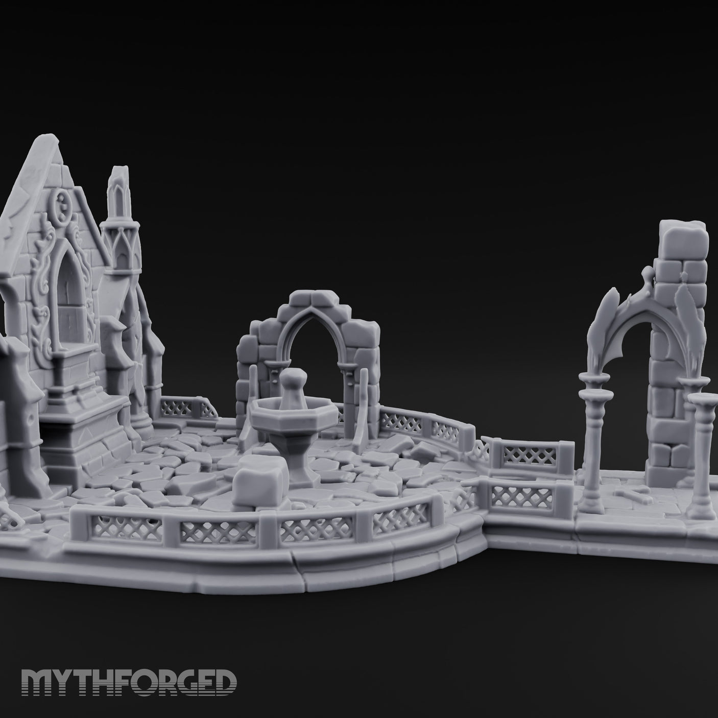 Filigree-Windowed Courtyard-Centered Gothic Chapel Courtyard Ruins Miniature for Dungeons and Dragons, Pathfinder or other TTRPGs